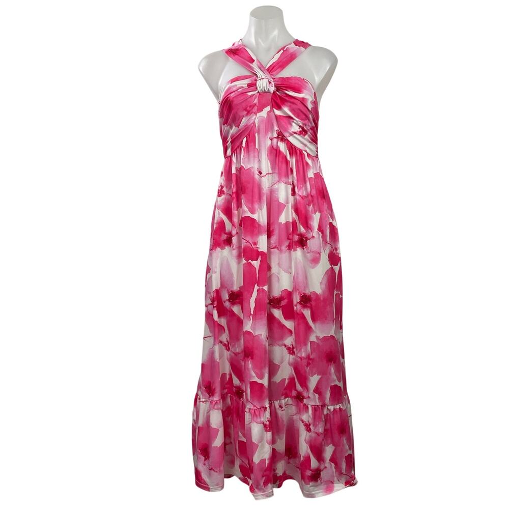 Grace Karin Pink Floral Cross Strap Sleeveless Summer Pleated ALine Maxi Dress S